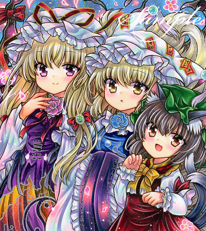 3girls animal_ears arm_ribbon bangs blonde_hair blue_flower blue_rose blue_tabard blush bow bowtie brown_eyes brown_hair cat_ears cat_tail chen cherry_blossoms cowboy_shot dress embellished_costume eyebrows_visible_through_hair flower fox_tail frilled_bow frilled_dress frilled_shirt_collar frilled_sleeves frills gap_(touhou) green_headwear hair_bow hand_up hands_in_opposite_sleeves hat hat_ribbon long_hair long_sleeves looking_at_viewer marker_(medium) mob_cap multiple_girls multiple_tails neck_flower neck_ribbon nekomata ofuda ofuda_on_clothes open_mouth paw_pose petals pillow_hat pink_flower pink_rose purple_tabard red_bow red_dress red_ribbon ribbon rose rui_(sugar3) sample_watermark shirt short_hair sleeveless sleeveless_dress smile standing tail tassel touhou traditional_media two_tails violet_eyes watermark white_dress white_headwear white_shirt wide_sleeves yakumo_ran yakumo_yukari yellow_bow yellow_bowtie yellow_eyes