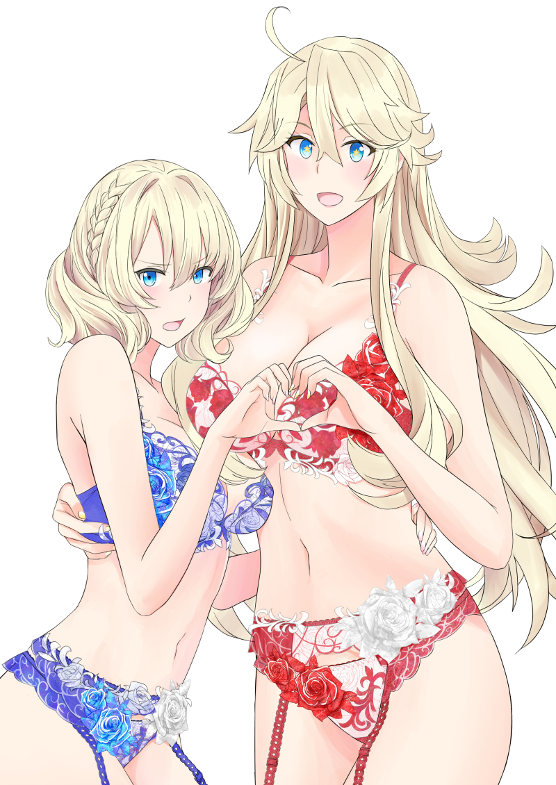 2girls blonde_hair blue_bra blue_eyes blue_panties bra braid breasts collarbone colorado_(kancolle) heart heart_hands heart_hands_duo height_difference iowa_(kancolle) kantai_collection large_breasts long_hair multiple_girls navel nuko_(phylactery) panties red_bra red_panties short_hair side_braids simple_background star-shaped_pupils star_(symbol) symbol-shaped_pupils underwear underwear_only white_background