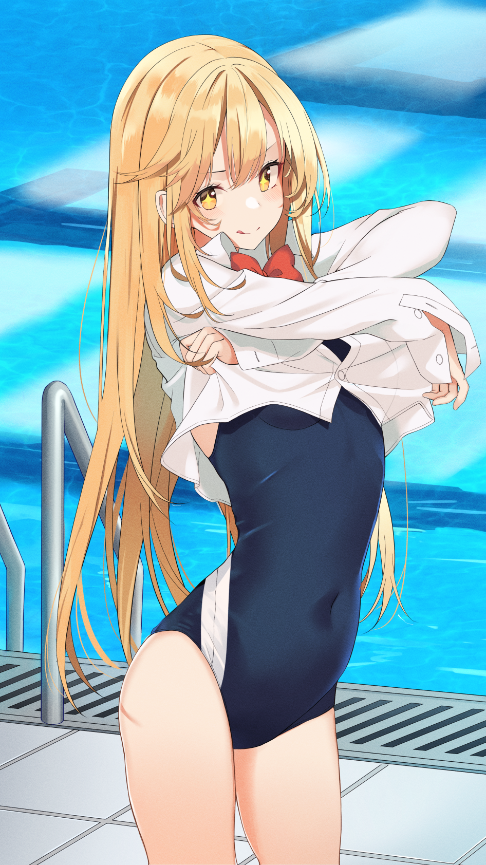 +_+ 1girl black_swimsuit blonde_hair bow bowtie chroemaguro competition_swimsuit cowboy_shot highres long_hair long_sleeves one-piece_swimsuit poolside red_bow red_bowtie shirt shokuhou_misaki solo standing swimsuit swimsuit_under_clothes toaru_majutsu_no_index white_shirt yellow_eyes