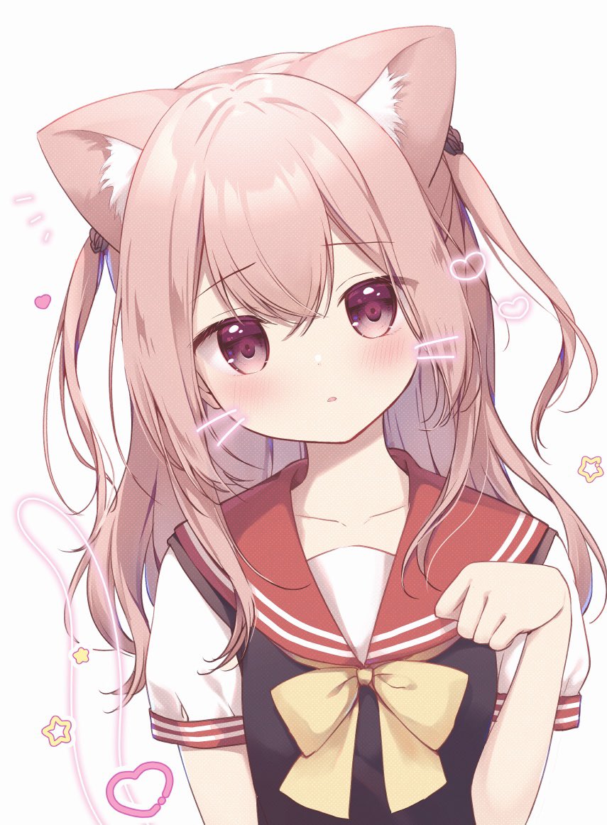 1girl animal_ear_fluff animal_ears black_shirt blush bow brown_hair cat_ears collarbone commentary_request drawn_tail drawn_whiskers face_filter hand_up head_tilt heart inui_sajuna kemonomimi_mode long_hair looking_at_viewer miyasaka_naco notice_lines parted_lips paw_pose red_sailor_collar sailor_collar school_uniform serafuku shirt short_sleeves simple_background sono_bisque_doll_wa_koi_wo_suru star_(symbol) two_side_up upper_body white_background yellow_bow