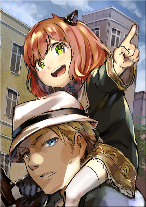 +_+ 1boy 1girl :d akechi_shizuku anya_(spy_x_family) black_dress black_gloves black_jacket blonde_hair blue_eyes blue_sky blush brown_footwear brown_hair building carrying clouds cloudy_sky commentary_request day dress gloves green_eyes jacket long_sleeves outdoors outstretched_arm shoes shoulder_carry sky smile spy_x_family teeth thigh-highs twilight_(spy_x_family) upper_teeth white_headwear white_legwear window