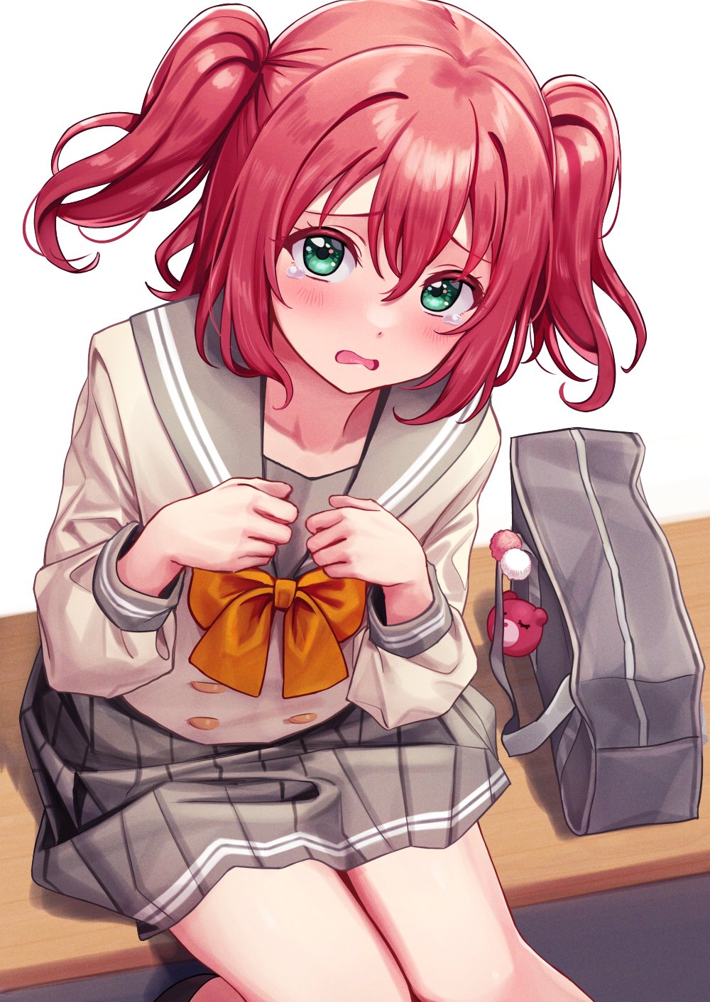 1girl arms_up bag bangs bow charm_(object) deadnooodles green_eyes grey_skirt hair_between_eyes highres knees_together_feet_apart kurosawa_ruby long_sleeves looking_at_viewer love_live! love_live!_sunshine!! on_bench open_mouth pleated_skirt redhead school_bag school_uniform serafuku short_hair simple_background sitting skirt solo tearing_up two_side_up uranohoshi_school_uniform white_background