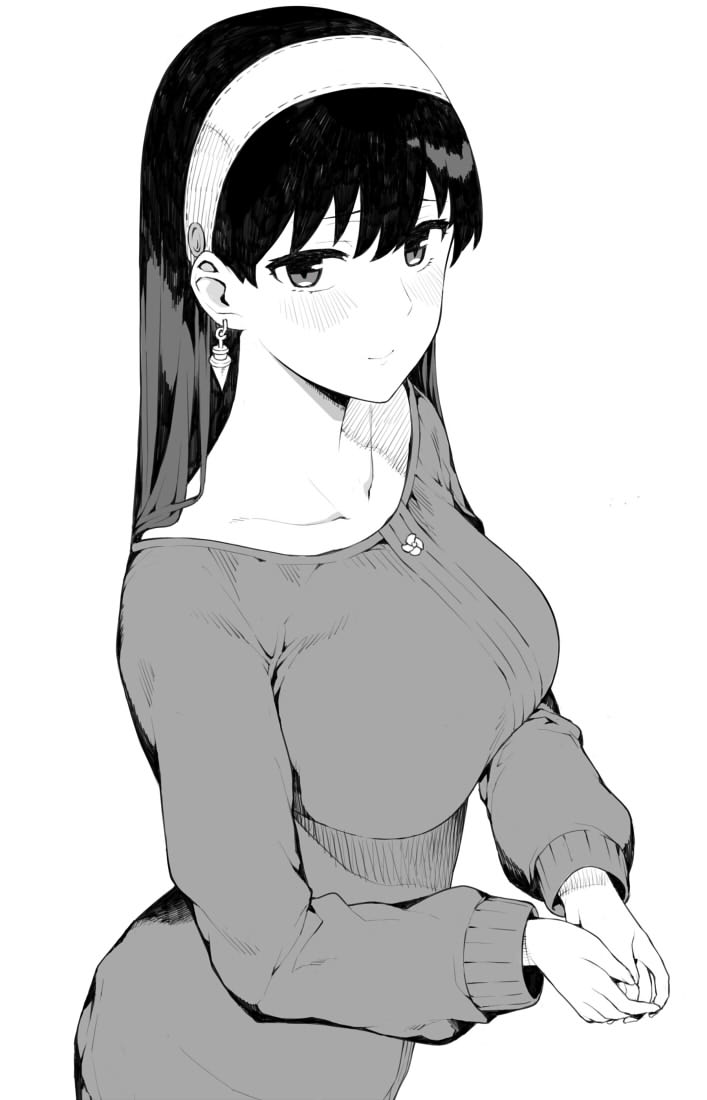 1girl black_hair blush breasts closed_mouth earrings from_side greyscale hai_ookami hairband jewelry large_breasts long_hair looking_at_viewer monochrome own_hands_together simple_background smile solo spy_x_family straight_hair sweater white_background yor_briar