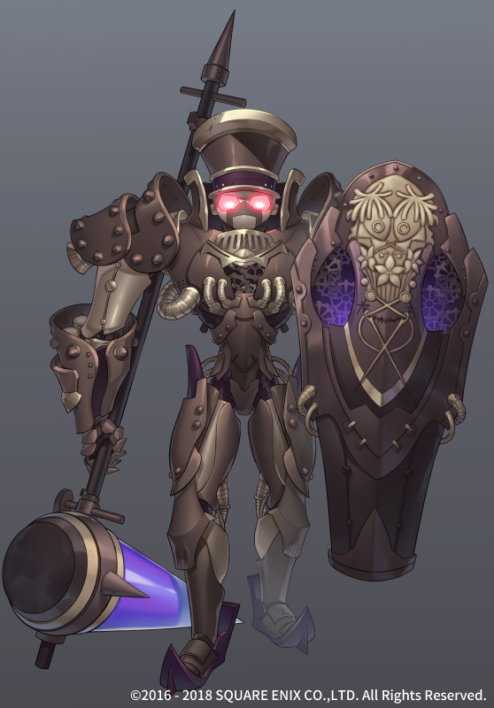 1boy black_background chaos_pinocchio full_body gradient gradient_background grimms_notes hammer hat holding holding_shield holding_weapon male_focus mecha no_humans official_art red_eyes robot sakanahen shield solo standing weapon