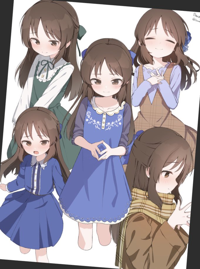 1girl black_hair blush collage cropped_legs fingers_together idolmaster idolmaster_cinderella_girls light_smile long_hair looking_away multiple_persona own_hands_together shiwa_(siwaa0419) simple_background straight_hair tachibana_arisu white_background