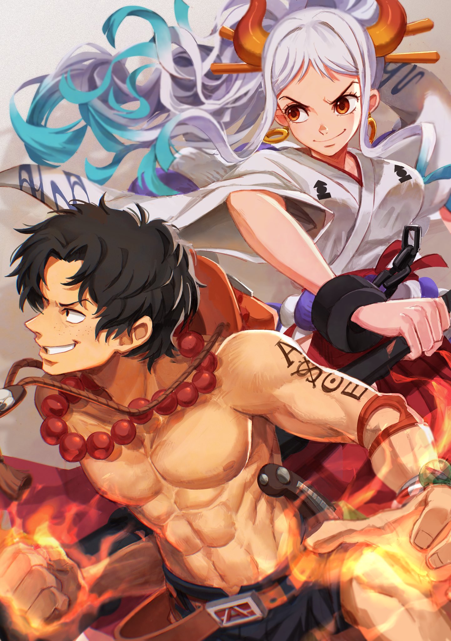 &gt;:) 1boy 1girl abs aqua_hair areolae arm_tattoo bead_necklace beads belt black_hair chain clenched_hand closed_mouth club_(weapon) cowboy_hat cuffs curled_horns fighting_stance fire flaming_hand floating_hair freckles grin hair_ornament hair_stick hakama hat hat_on_back height_difference highres holding holding_weapon horns japanese_clothes jewelry kanabou kimono long_hair looking_to_the_side multicolored_hair multicolored_horns navel necklace oekakiboya one_piece oni orange_eyes orange_horns pectorals portgas_d._ace red_horns rope shackles shimenawa short_hair shorts smile stomach tattoo toned toned_male topless_male two-tone_hair v-shaped_eyebrows very_long_hair weapon white_hair wide_sleeves yamato_(one_piece) yellow_horns