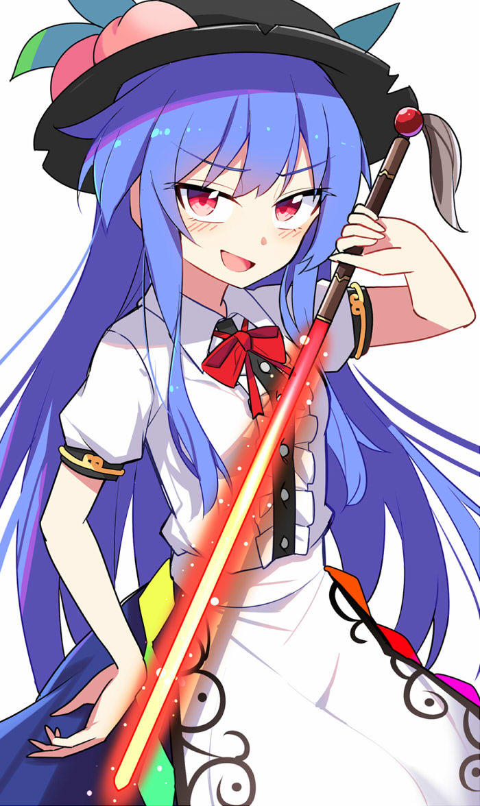 1girl arm_up bangs black_headwear blue_hair blue_skirt blush bow bowtie breasts buttons collared_shirt e.o. eyebrows_visible_through_hair eyes_visible_through_hair food frills fruit hair_between_eyes hand_on_hip hand_up hat hat_ornament hinanawi_tenshi leaf long_hair looking_at_viewer medium_breasts open_mouth peach puffy_short_sleeves puffy_sleeves rainbow red_bow red_bowtie shirt short_sleeves simple_background skirt smile solo standing sword sword_of_hisou tongue touhou v-shaped_eyebrows weapon white_background white_shirt