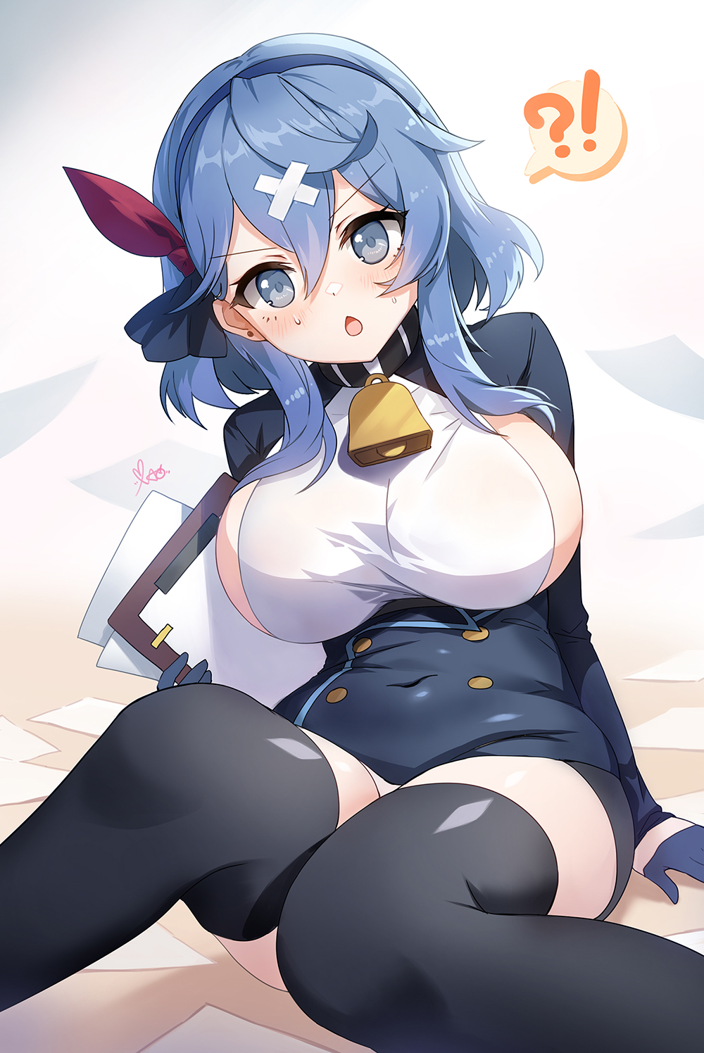 !? 1girl :o ako_(blue_archive) apple_caramel arm_support bangs bell black_gloves black_legwear blue_archive blue_eyes blue_hair blue_hairband blue_jacket blush breasts buttons clipboard collar covered_navel cowbell crossed_bandaids double-breasted ear_piercing eyebrows_visible_through_hair frown gloves hair_between_eyes hair_ribbon hairband half_gloves highres holding holding_clipboard jacket large_breasts long_hair long_sleeves looking_at_viewer neck_bell on_floor piercing red_ribbon ribbon sideboob sidelocks signature sitting solo sweat thigh-highs