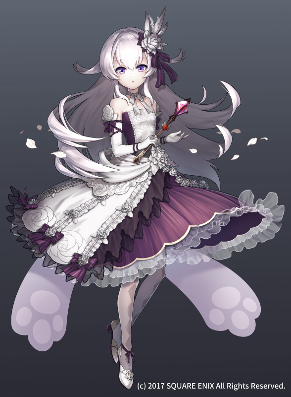 1girl black_background dress elbow_gloves flower full_body gloves gradient gradient_background grimms_notes hair_flower hair_ornament long_hair official_art open_mouth rose_white_(rebirth) sakanahen shoes solo violet_eyes wand weapon white_gloves white_hair