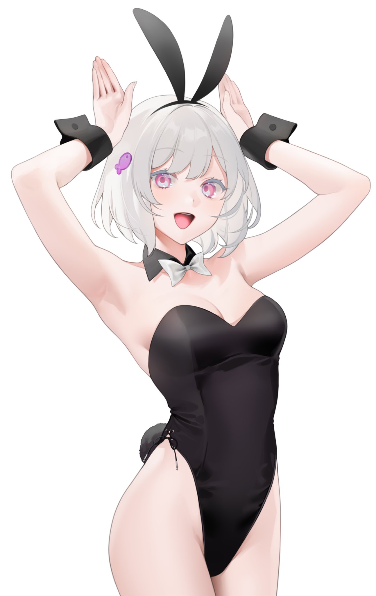 1girl :d albino animal_ears armpits bangs bare_shoulders black_bow black_bowtie blush bow bowtie breasts buttons collar eyebrows_visible_through_hair fish_hair_ornament hair_between_eyes hair_ornament highres leotard looking_at_viewer nacchan_(ohisashiburi) ohisashiburi open_mouth original pink_eyes rabbit_ears rabbit_tail short_hair silver_hair simple_background sleeve_cuffs smile solo solo_focus symbol-only_commentary tail white_background