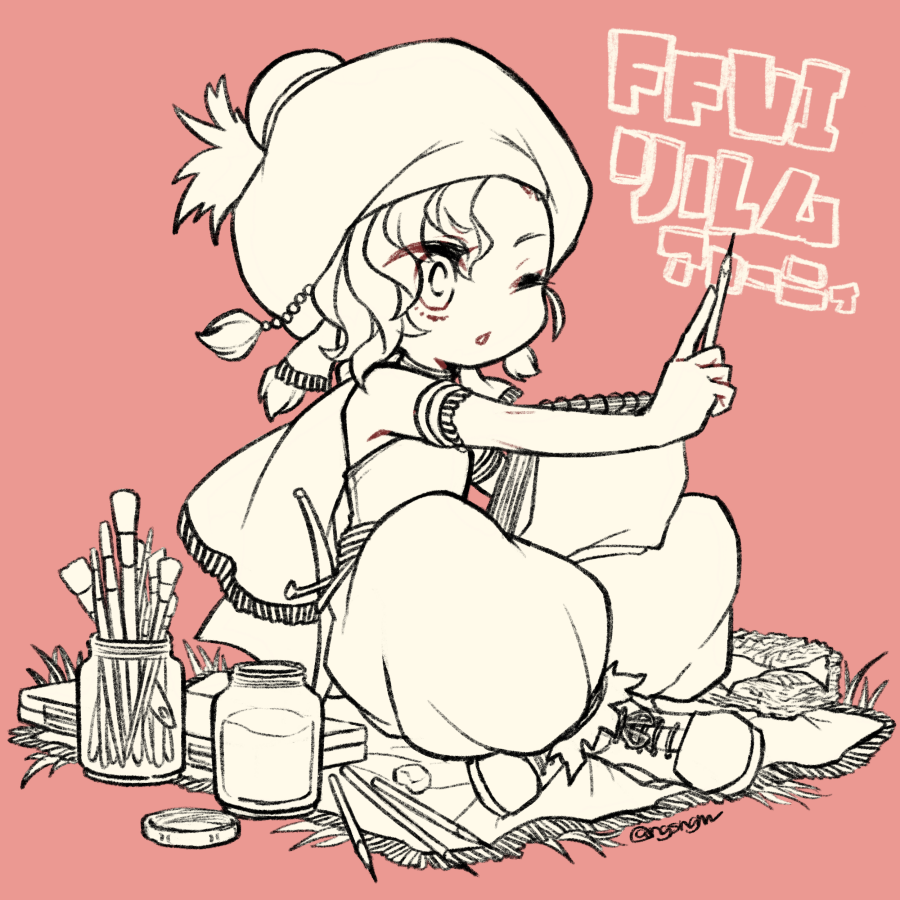 1girl art_brush bare_shoulders cape copyright_name final_fantasy final_fantasy_vi flat_chest full_body hat jewelry knife monochrome one_eye_closed open_mouth paintbrush relm_arrowny short_hair simple_background solo strapless sunagimo_(nagimo)