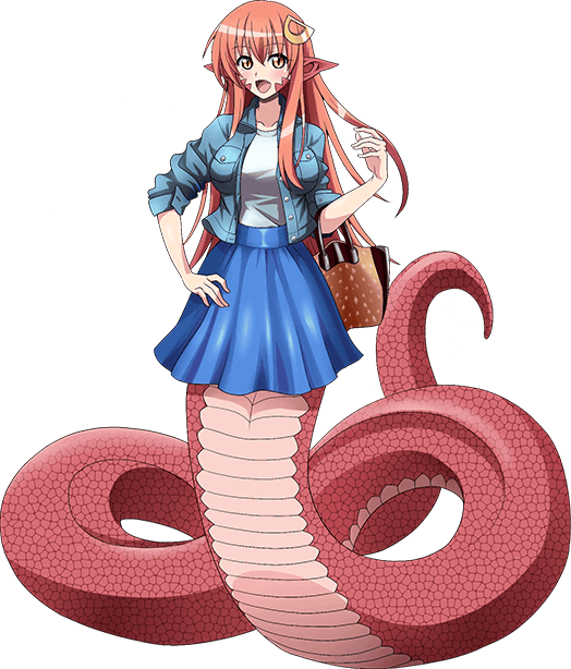 1girl artist_request bag blue_jacket blue_skirt blush breasts eyebrows_visible_through_hair full_body hair_between_eyes hair_ornament hairclip handbag jacket lamia large_breasts long_hair miia_(monster_musume) monster_girl monster_musume_no_iru_nichijou monster_musume_no_iru_nichijou_online official_alternate_costume official_art open_mouth pointy_ears redhead scales shirt skirt slit_pupils solo transparent_background very_long_hair white_shirt yellow_eyes