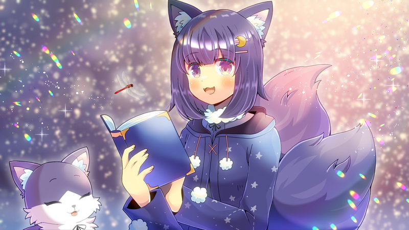 1girl animal_ears book bug commission crescent crescent_hair_ornament crescent_moon dragonfly fox fox_ears fox_girl fox_tail hair_ornament kathykatz kou_hiyoyo looking_at_viewer moon multiple_tails purple_hair skeb_commission sky solo star_(sky) starry_sky tail violet_eyes virsing virtual_youtuber
