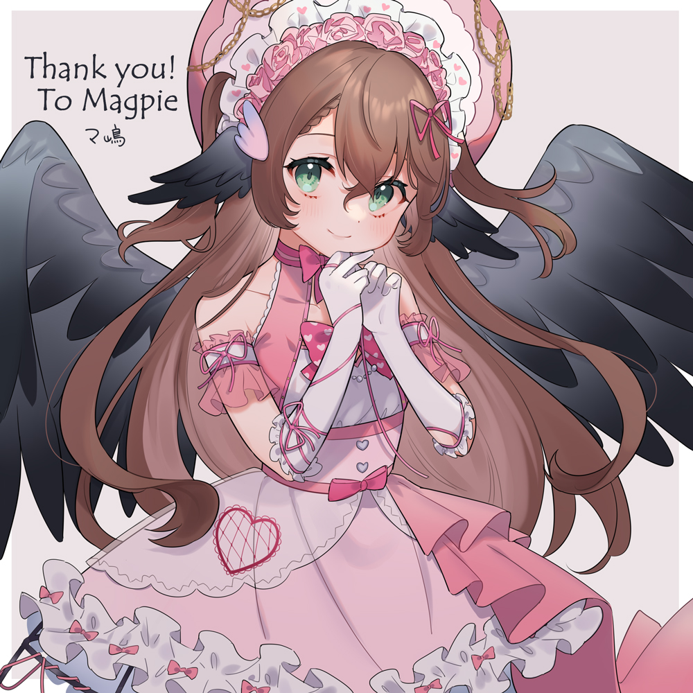 1girl animal_ears bare_shoulders bird_ears black_wings blush bonnet bow bowtie brown_hair closed_mouth commission cowboy_shot dress elbow_gloves gloves green_eyes grey_background indie_virtual_youtuber looking_at_viewer magpie_(vtuber) pink_bow pink_bowtie pink_dress skeb_commission smile solo spread_wings thank_you tooru_(jux) white_gloves wings