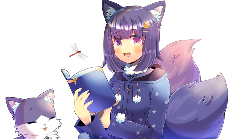 1girl animal_ears book bug commission crescent crescent_hair_ornament crescent_moon dragonfly fox fox_ears fox_girl fox_tail hair_ornament kathykatz kou_hiyoyo looking_at_viewer moon multiple_tails purple_hair skeb_commission sky solo tail violet_eyes virsing virtual_youtuber white_background