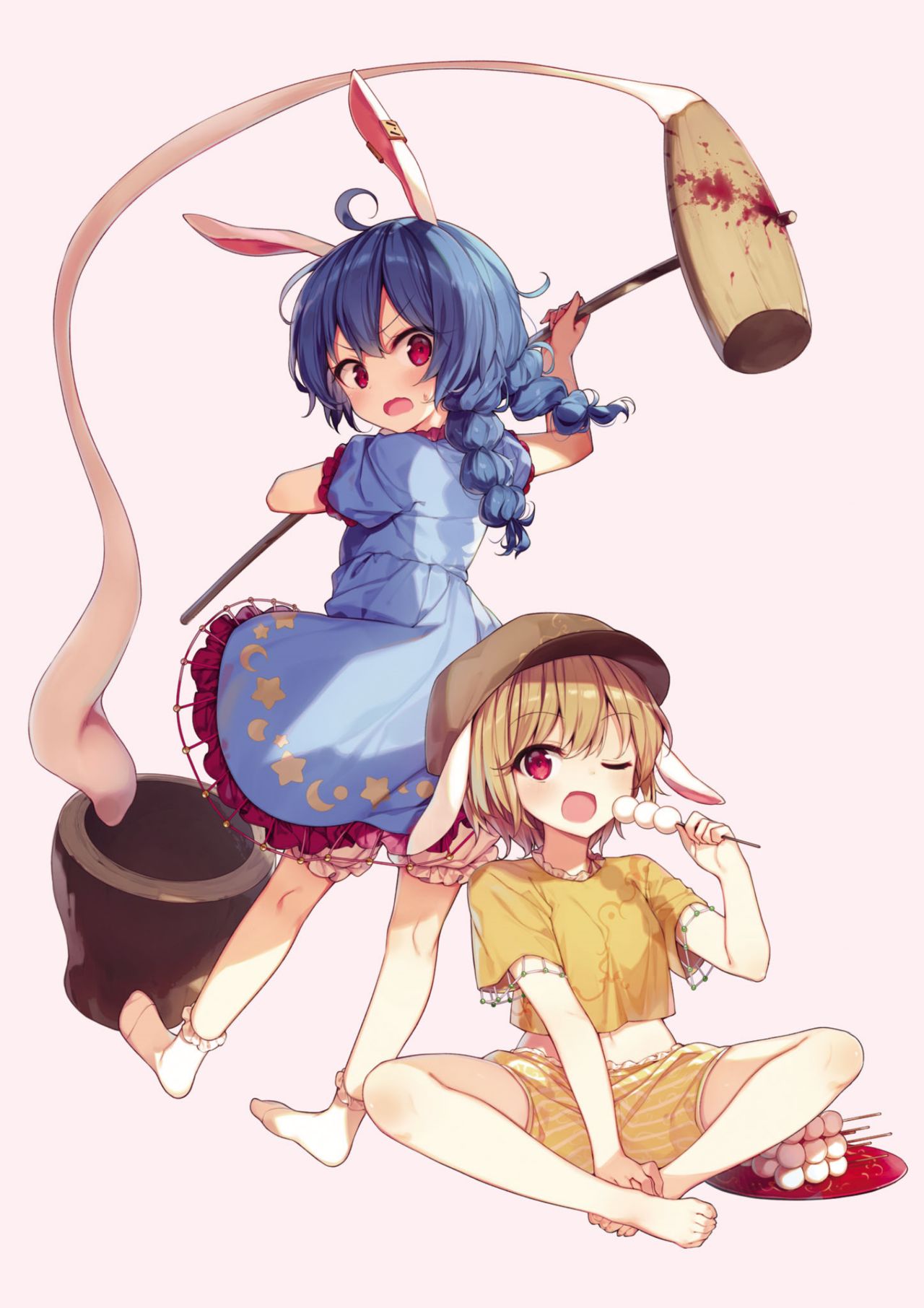2girls ahoge animal_ears annoyed arms_up bangs barefoot blonde_hair bloomers blue_dress blue_hair blush bowl braid breasts brown_headwear crescent crescent_print dango dress eyebrows_visible_through_hair eyes_visible_through_hair flying food frills from_behind hair_between_eyes hammer hand_up hands_up hat highres looking_at_another looking_back looking_down looking_to_the_side medium_breasts medium_hair mochi multiple_girls no_shoes official_art one_eye_closed open_mouth orange_shorts pink_background plate puffy_short_sleeves puffy_sleeves rabbit_ears red_eyes ringo_(touhou) seiran_(touhou) shirt shnva short_hair short_sleeves shorts simple_background sitting smile socks star_(symbol) star_print strange_creators_of_outer_world striped striped_shorts sweatdrop t-shirt third-party_source tongue touhou twin_braids underwear wagashi weapon white_legwear yellow_shirt