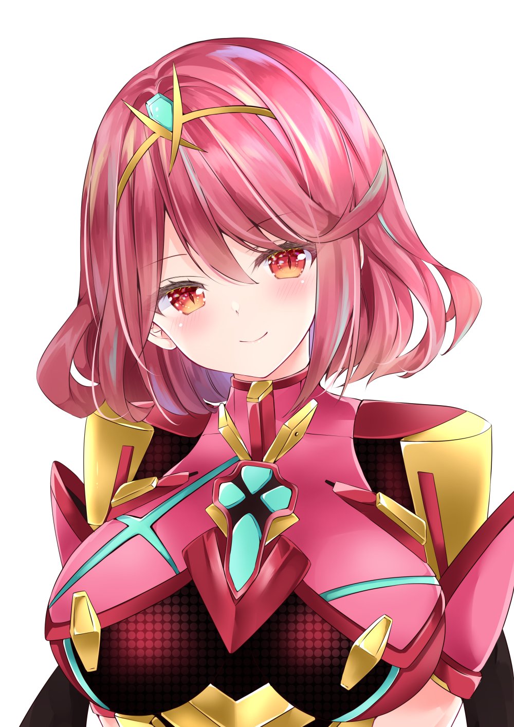 1girl bangs breasts chest_jewel earrings gem headpiece highres jewelry large_breasts nanase_nao pyra_(xenoblade) red_eyes redhead short_hair simple_background solo swept_bangs tiara white_background xenoblade_chronicles_(series) xenoblade_chronicles_2