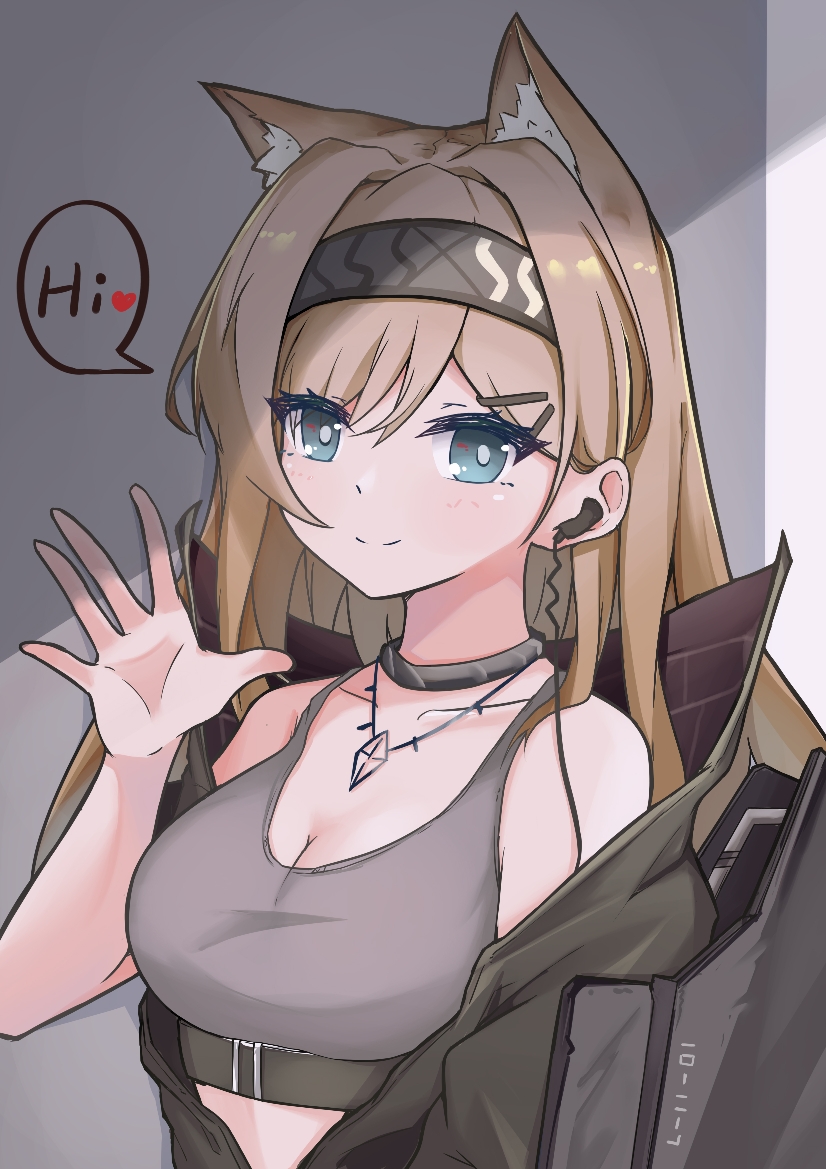 1girl animal_ears arknights bangs bare_shoulders black_jacket blonde_hair blue_eyes commentary_request crop_top grey_choker grey_hairband hair_ornament hairband hairclip hand_up horn_(arknights) jacket jewelry long_hair looking_at_viewer pendant shui_tian_yise smile solo speech_bubble sports_bra upper_body wolf_ears