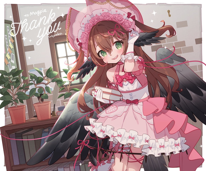 1girl :d animal_ears bird_ears bird_tail bird_wings blush bonnet book border bow bowtie brown_hair commentary commission dress english_commentary gloves hand_up holding holding_book indie_virtual_youtuber indoors looking_at_viewer magpie_(vtuber) pink_bow pink_bowtie pink_dress plant potted_plant skeb_commission smile solo standing string string_of_fate tail two_side_up uchako white_border white_gloves wings