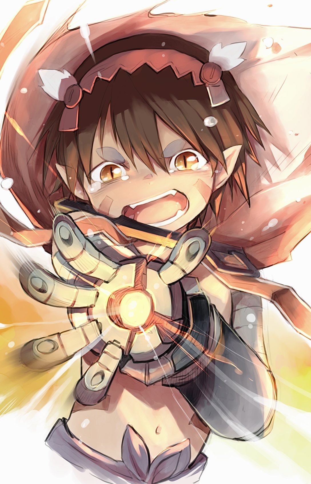 1boy attack bangs brown_hair cape commentary_request cyborg dark_skin energy_cannon energy_weapon facial_mark fantasy fighting_stance foreshortening futabamidori glowing hairband helmet highres holding holding_weapon incoming_attack joints looking_at_viewer made_in_abyss male_focus mecha mechanical_arms mechanical_parts navel open_mouth pointy_ears prosthesis regu_(made_in_abyss) robot_joints science_fiction serious short_hair single_mechanical_arm stomach teeth weapon yellow_eyes