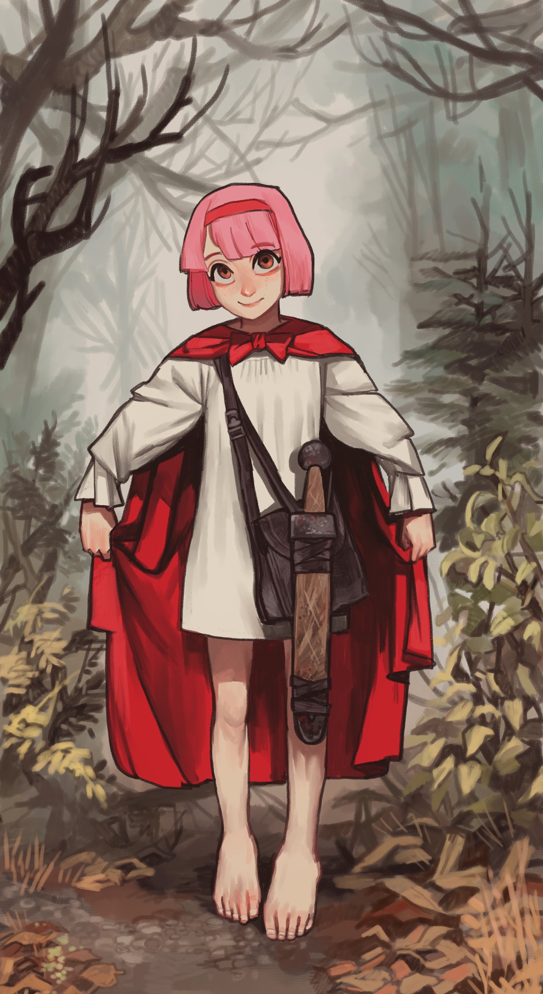 1girl barefoot bob_cut bow bowtie cape closed_mouth dress finger_to_mouth forest gladius highres long_sleeves looking_at_viewer mossacannibalis nature original pink_hair red_bow red_bowtie red_cape red_eyes sheath sheathed short_dress shushing smile solo sword toenails toes weapon white_dress