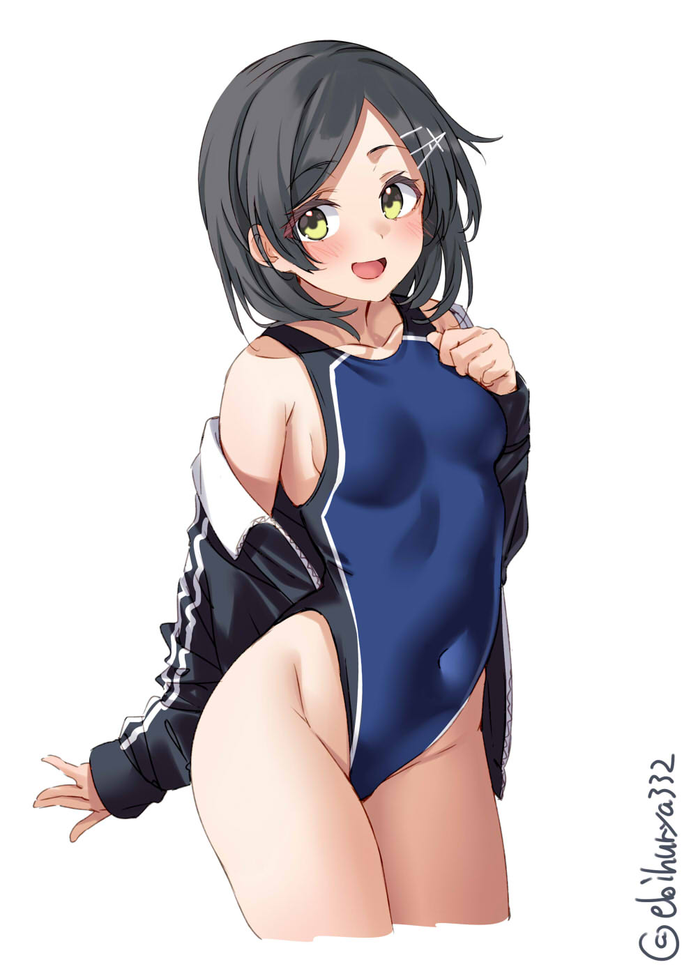 1girl alternate_costume black_hair black_swimsuit blush breasts competition_swimsuit covered_navel cowboy_shot ebifurya hair_ornament hairclip highres jacket jersey kantai_collection kuroshio_(kancolle) medium_breasts multicolored_clothes multicolored_swimsuit one-piece_swimsuit short_hair smile sportswear swimsuit track_jacket twitter_username white_background yellow_eyes