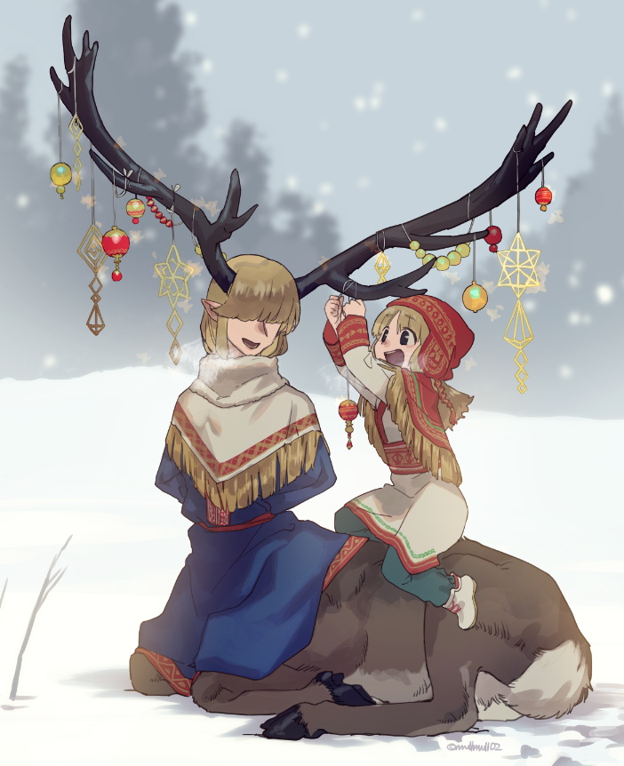 1girl 1other :d antler_ornament antlers black_eyes blonde_hair blue_dress capelet centauroid child christmas christmas_ornaments commentary covered_eyes dress english_commentary hair_over_eyes medium_hair mullmull02 open_mouth original pointy_ears sitting smile snow snowing taur twitter_username