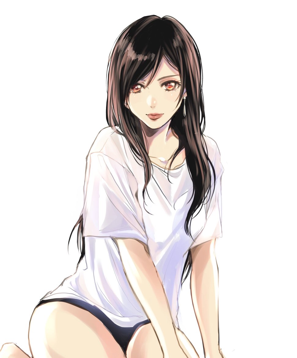 1girl black_hair closed_mouth collarbone earrings final_fantasy final_fantasy_vii final_fantasy_vii_remake gogochi55 jewelry lips long_hair looking_at_viewer oversized_clothes oversized_shirt panties red_eyes shirt solo tifa_lockhart underwear white_background white_shirt