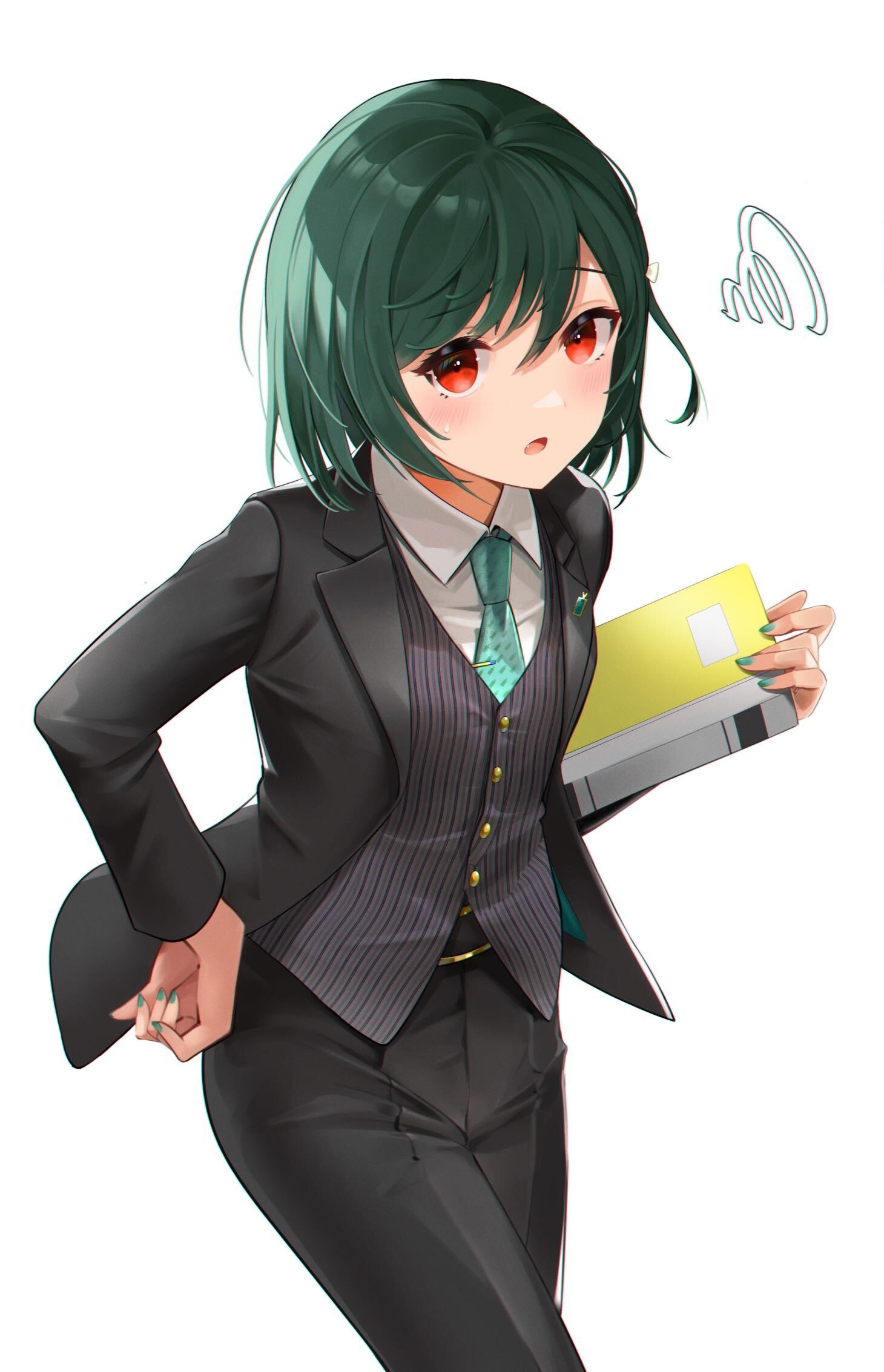 1girl androgynous bangs black_jacket black_pants collared_shirt eyebrows_visible_through_hair formal green_hair green_nails green_necktie grey_vest hair_between_eyes hand_on_hip highres jacket kenko_(a143016) long_sleeves love_live! love_live!_nijigasaki_high_school_idol_club medium_hair mifune_shioriko nail_polish necktie open_clothes open_jacket open_mouth pant_suit pants print_necktie red_eyes shiny shiny_hair shirt simple_background solo straight_hair striped striped_vest suit sweatdrop vertical-striped_vest vertical_stripes vest white_background white_shirt wing_collar