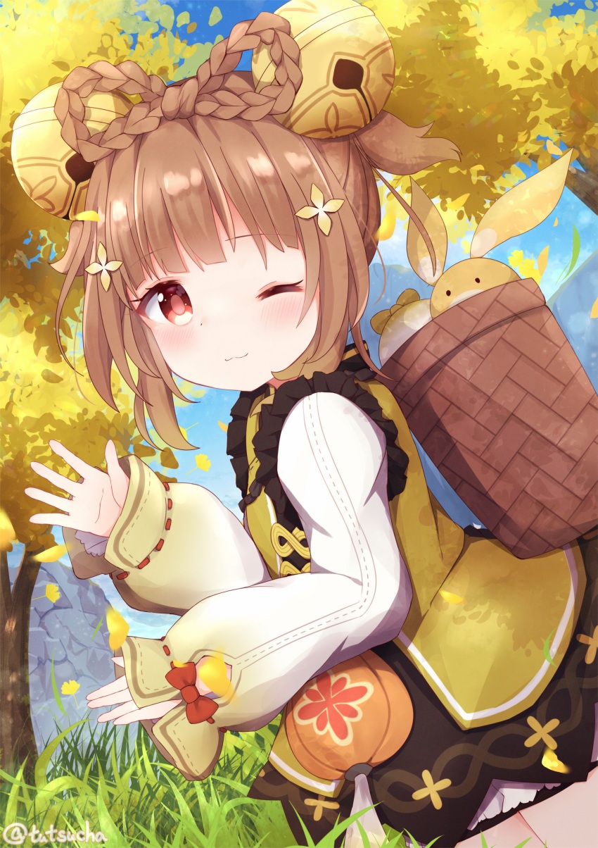 1girl ;) bangs basket bell blunt_bangs braid brown_eyes brown_hair chinese_clothes commentary_request eyebrows_visible_through_hair from_side genshin_impact grass hair_bell hair_ornament highres kneeling long_hair looking_at_viewer looking_to_the_side one_eye_closed pouch sidelocks smile solo tree tutsucha_illust twin_braids waving yaoyao_(genshin_impact)