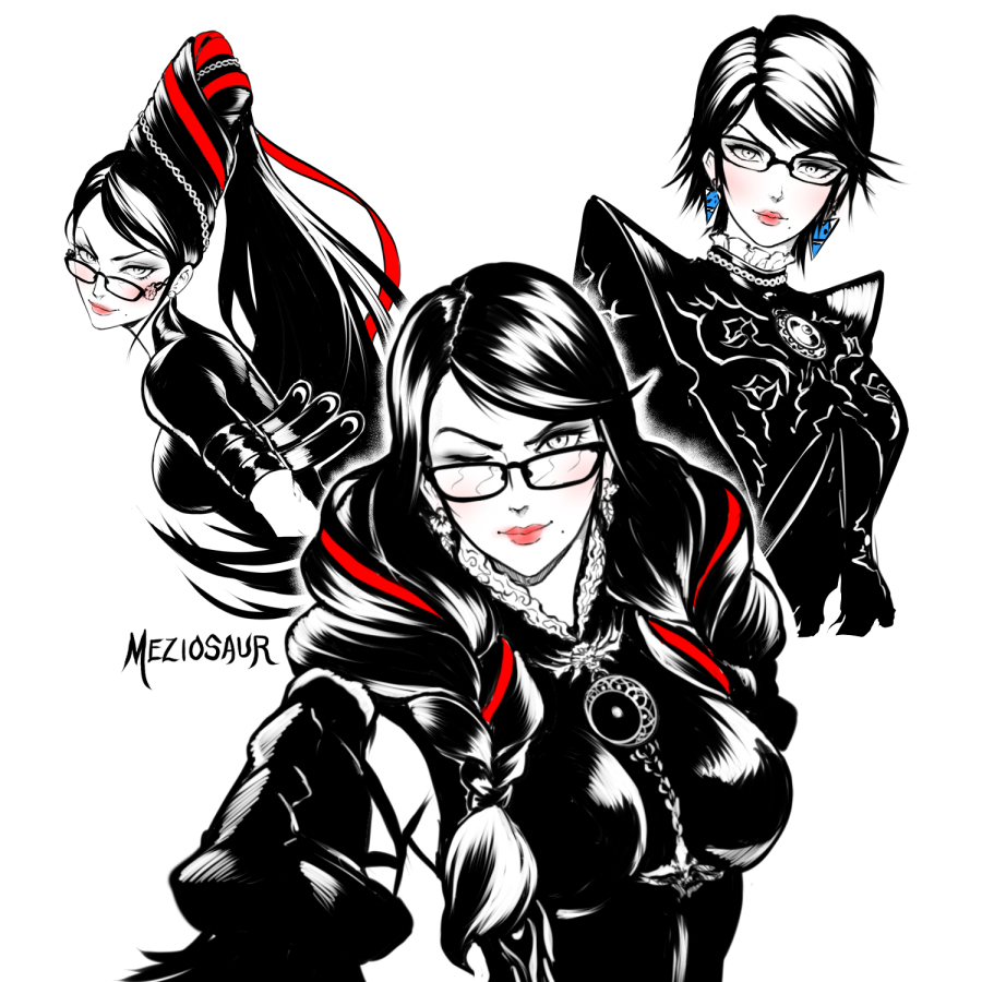 1girl artist_name bangs bayonetta bayonetta_(series) bayonetta_1 bayonetta_2 bayonetta_3 braid breasts closed_mouth commentary earrings frills glasses head_tilt jewelry lips lipstick long_hair looking_at_viewer makeup medium_breasts meziosaur mole mole_under_mouth monochrome multiple_girls one_eye_closed red_lips shiny shiny_hair short_hair signature simple_background smile twin_braids twintails upper_body white_background