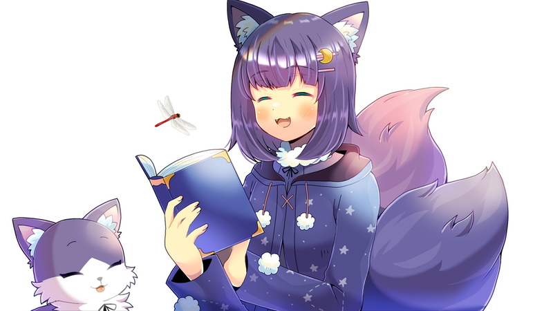 1girl animal_ears book bug closed_eyes commission crescent crescent_hair_ornament crescent_moon dragonfly fox fox_ears fox_girl fox_tail hair_ornament kathykatz kou_hiyoyo looking_at_viewer moon multiple_tails purple_hair skeb_commission sky solo tail virsing virtual_youtuber white_background