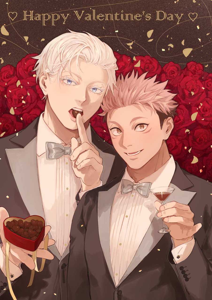 2boys black_jacket blue_eyes bow bowtie box box_of_chocolates brown_eyes ccccc_(jpn_m0) chocolate cup drinking_glass facial_mark flower food food_in_mouth formal gojou_satoru happy_valentine heart-shaped_box highres holding holding_box holding_chocolate holding_food itadori_yuuji jacket jujutsu_kaisen looking_at_viewer male_focus multiple_boys open_mouth petals pink_hair red_flower red_rose rose shirt short_hair smile traditional_bowtie undercut upper_body white_hair white_shirt