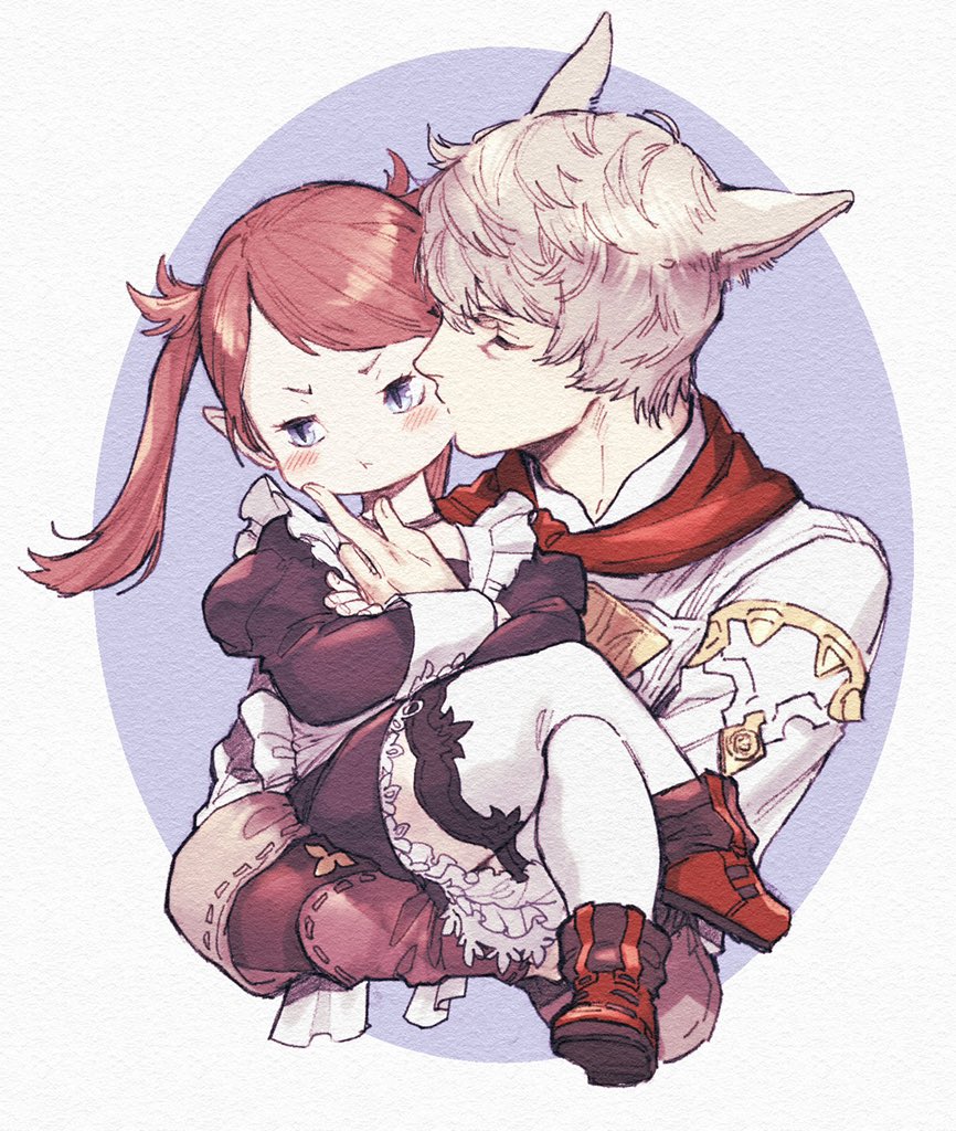 1boy 1girl animal_ears blue_pupils blush brown_choker brown_hair carrying choker closed_eyes crossed_arms crossed_legs facial_mark final_fantasy final_fantasy_xiv fingernails grey_hair hand_on_another's_face holding holding_person kiss kissing_cheek lalafell long_hair looking_away maid maid_headdress miqo'te neji_vuldarak pointy_ears pout princess_carry puffy_sleeves red_footwear slit_pupils texture thigh-highs twintails violet_eyes white_legwear