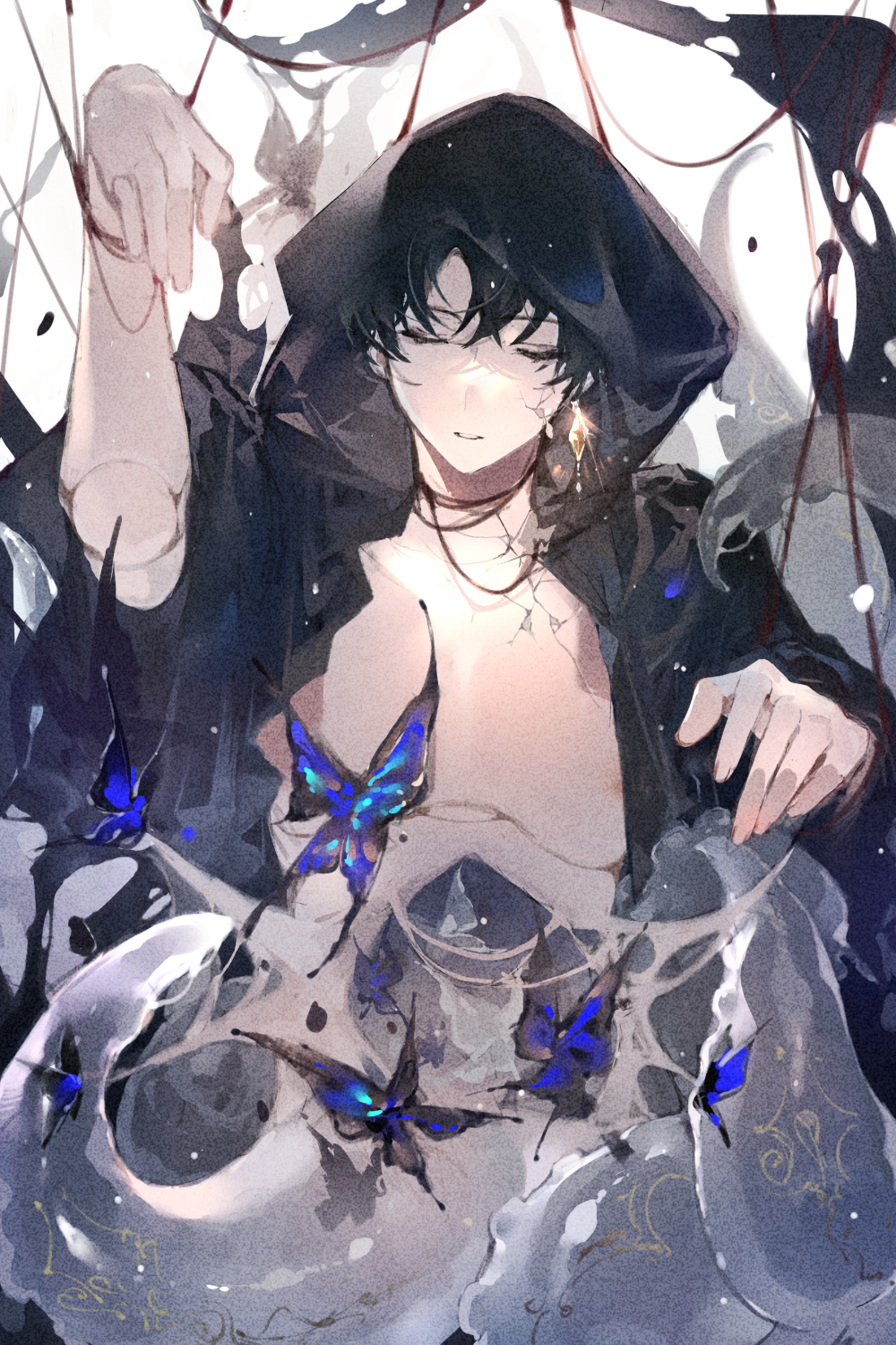 1boy bangs black_cloak black_hair bug butterfly chinese_commentary cloak closed_eyes commentary_request cracked_skin doll doll_joints fujianyueyao gem god highres hollow_body hood hooded_cloak joints klein_moretti lord_of_the_mysteries parted_lips pendulum solo string symbol teeth tentacles
