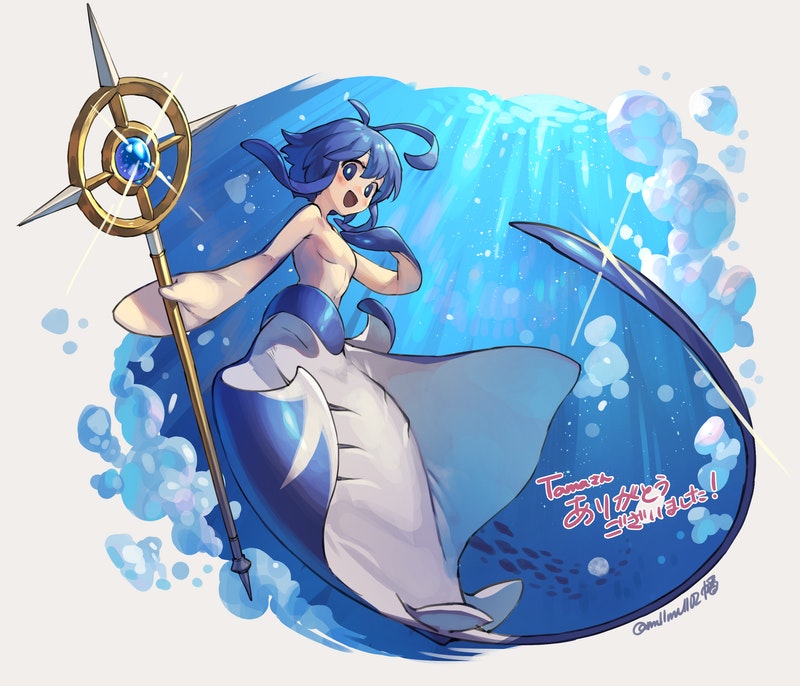 1girl :d antenna_hair blue_eyes blue_hair blue_theme blush commission completely_nude fewer_digits flat_chest hand_up holding holding_staff looking_at_viewer manta_ray manta_ray_girl mermaid monster_girl mullmull02 nude open_mouth original skeb_commission smile solo staff taur underwater
