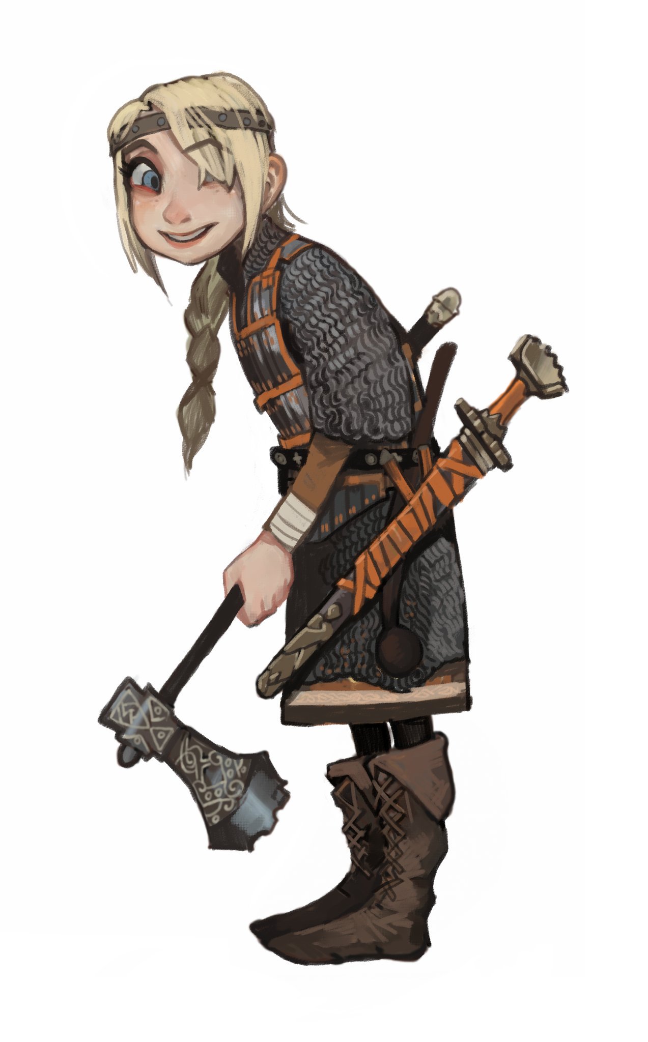 1girl :d armor astrid_hofferson axe blonde_hair blue_eyes boots brown_footwear chainmail cross-laced_footwear fold-over_boots from_side full_body hair_over_one_eye hatchet_(axe) headband highres holding holding_axe how_to_train_your_dragon leaning_forward looking_at_viewer looking_to_the_side mossacannibalis one_eye_covered sheath sheathed simple_background smile solo sword weapon white_background