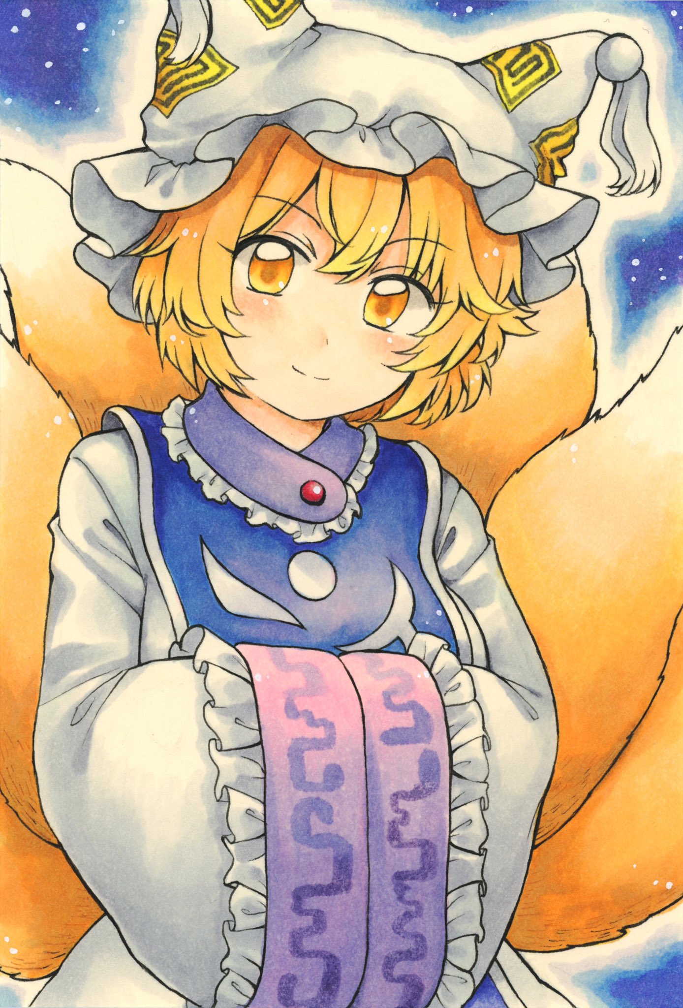 1girl blonde_hair blue_tabard breasts closed_mouth commentary_request dress fox_tail frills hands_in_opposite_sleeves happy hat highres kitsune long_sleeves maa_(forsythia1729) marker_(medium) medium_breasts multiple_tails pillow_hat short_hair smile tabard tail tassel touhou traditional_media white_dress white_headwear wide_sleeves yakumo_ran yellow_eyes