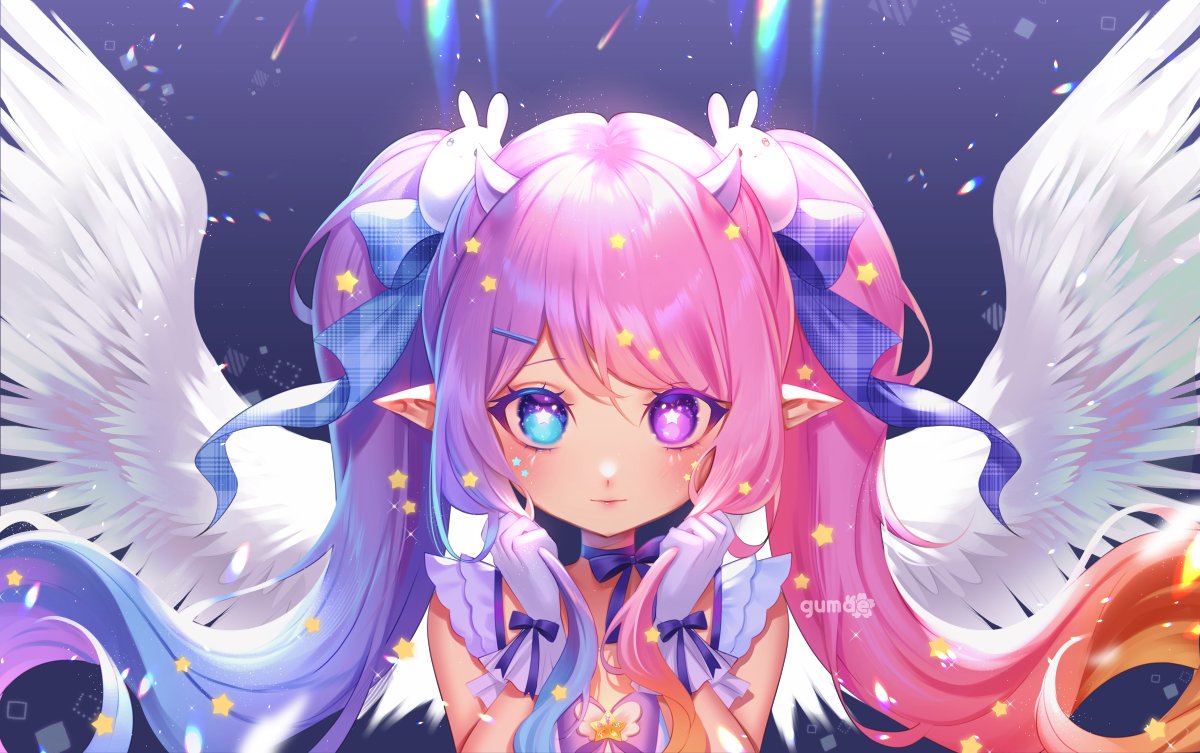 alternate_costume angel_wings blonde_hair blue_bow blue_eyes blue_hair bow brooch bunny_hair_ornament chromatic_aberration commentary demon_horns dress emberlith eyebrows_visible_through_hair eyelashes facing_viewer floating_hair gloves gradient_hair gumae hair_between_eyes hair_bow hair_ornament hands_up heterochromia holding holding_hair horns indie_virtual_youtuber jewelry looking_at_viewer magical_girl multicolored_hair neck_ribbon pink_bow pink_hair pointy_ears purple_background purple_hair ribbon sidelocks signature sleeveless sleeveless_dress star-shaped_pupils star_(symbol) star_brooch star_hair_ornament sticker_on_face symbol-shaped_pupils twintails upper_body violet_eyes virtual_youtuber white_gloves wings wrist_bow wrist_ribbon