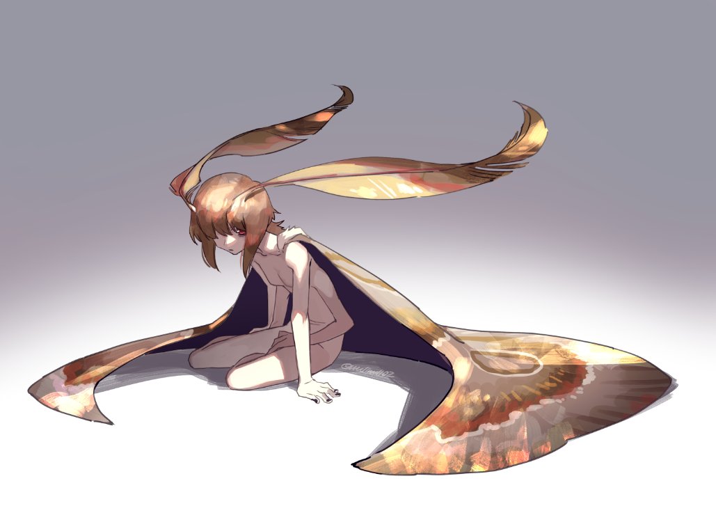1girl antennae arm_support arthropod_girl black_nails breasts brown_hair closed_mouth colored_skin completely_nude extra_arms fingernails grey_background looking_at_viewer monster_girl moth_antennae moth_girl moth_wings mullmull02 nude original red_eyes sitting small_breasts solo twitter_username white_skin wings yokozuwari