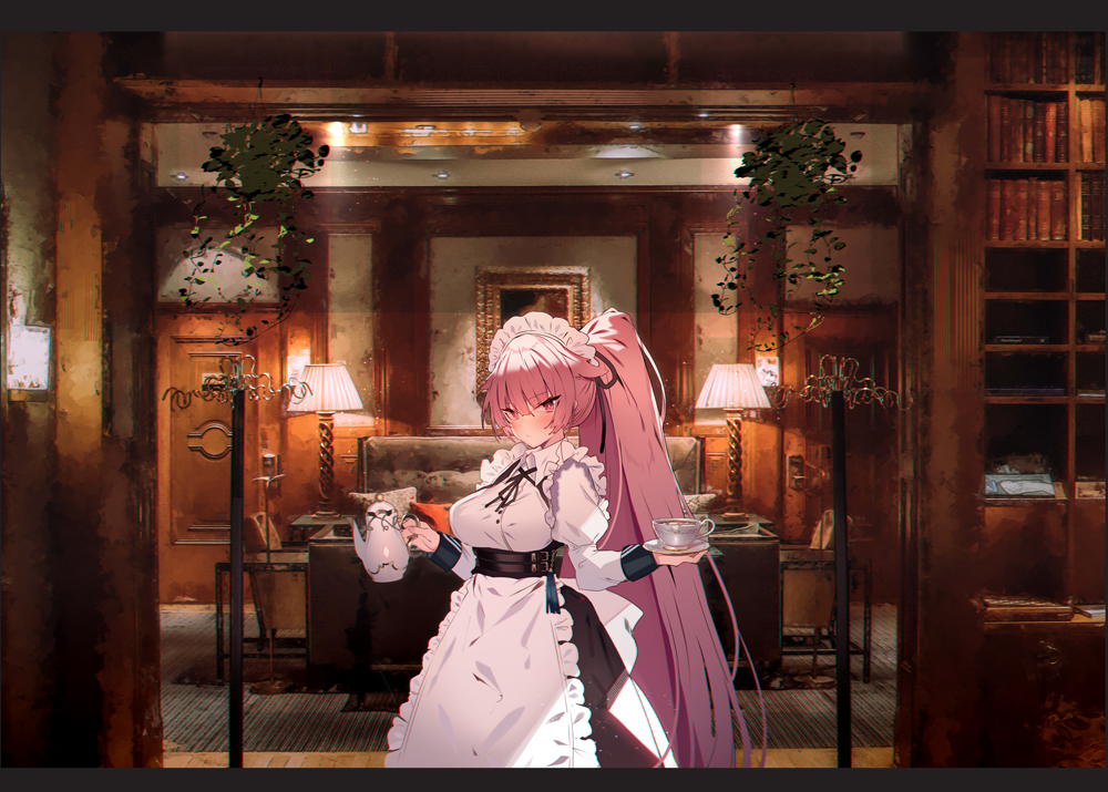 1girl apron bangs blush bookshelf breasts chair clothes_hanger commentary_request couch cowboy_shot cup dress embarrassed frills girls_frontline holding holding_cup indoors lamp large_breasts long_hair long_sleeves looking_at_viewer maid maid_headdress ntw-20_(girls'_frontline) ntw-20_(the_aristocrat_experience)_(girls'_frontline) official_alternate_costume painting_(object) pink_hair ponytail puffy_sleeves red_eyes solo soukou_makura standing very_long_hair