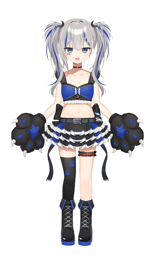 1girl :d animal_ears animal_hands asymmetrical_legwear back_bow belt belt_buckle black_belt black_bow black_choker black_footwear black_gloves black_legwear black_skirt blue_eyes blue_hair blue_skirt boots bow braid breasts buckle choker clothing_request collarbone commentary_request cross-laced_footwear eyebrows_visible_through_hair fang fang_out frilled_skirt frills full_body gloves hair_between_eyes heart_stickers hood lace-up_boots layered_skirt long_hair messy_hair midriff multicolored_clothes multicolored_hair multicolored_skirt navel o-ring o-ring_choker official_alternate_costume official_art open_belt paw_gloves paw_print pleated_skirt rurine_luna silver_hair simple_background single_braid single_thighhigh skirt small_breasts smile star_sticker sticker_on_face stomach streaked_hair thigh-highs toma_(norishio) torn_bow twintails virtual_youtuber wactor_production white_background wolf_ears wolf_hood zettai_ryouiki