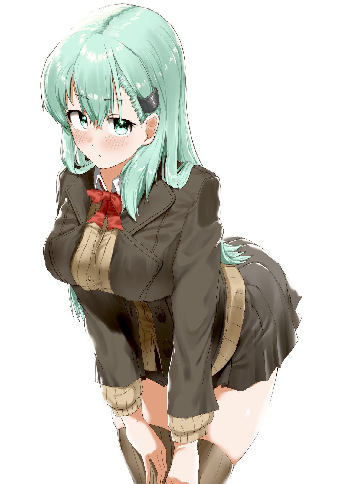 1girl aqua_eyes aqua_hair blazer bow bowtie breasts brown_jacket brown_legwear brown_skirt cardigan cowboy_shot gekiteki_na_beefsteak hair_ornament hairclip hands_on_own_thighs highres jacket kantai_collection large_breasts long_hair pleated_skirt red_bow red_bowtie school_uniform simple_background skirt solo standing suzuya_(kancolle) thigh-highs white_background