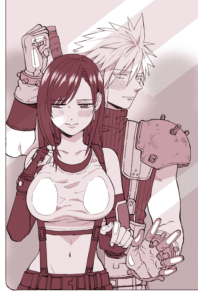 1boy 1girl against_glass against_window armor bare_shoulders black_hair blush breast_press breasts breasts_on_glass cloud_strife couple crop_top earrings embarrassed final_fantasy final_fantasy_vii final_fantasy_vii_remake fingerless_gloves gloves hand_on_glass jewelry large_breasts long_hair midriff monochrome navel shoulder_armor shouyu_(soysoy) skirt sleeveless sleeveless_turtleneck spiky_hair suspender_skirt suspenders tank_top tifa_lockhart turtleneck window