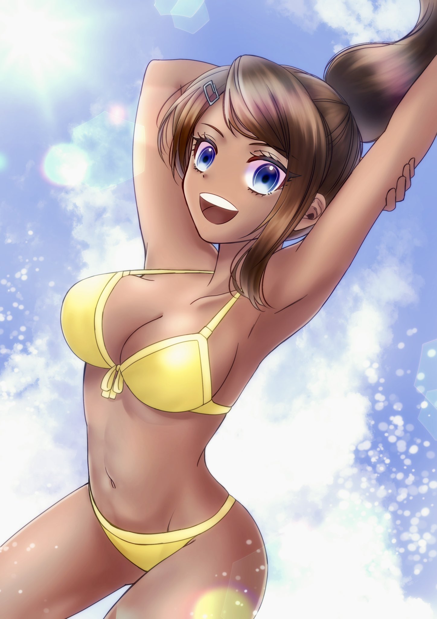 1girl :d arm_behind_head arm_up armpits asahina_aoi bangs bikini breasts brown_hair collarbone danganronpa:_trigger_happy_havoc danganronpa_(series) danganronpa_s:_ultimate_summer_camp dark-skinned_female dark_skin day hair_ornament hairclip highres large_breasts navel official_alternate_costume outdoors outstretched_arm satori_(aosky9077) smile solo stomach swimsuit teeth upper_teeth water yellow_bikini