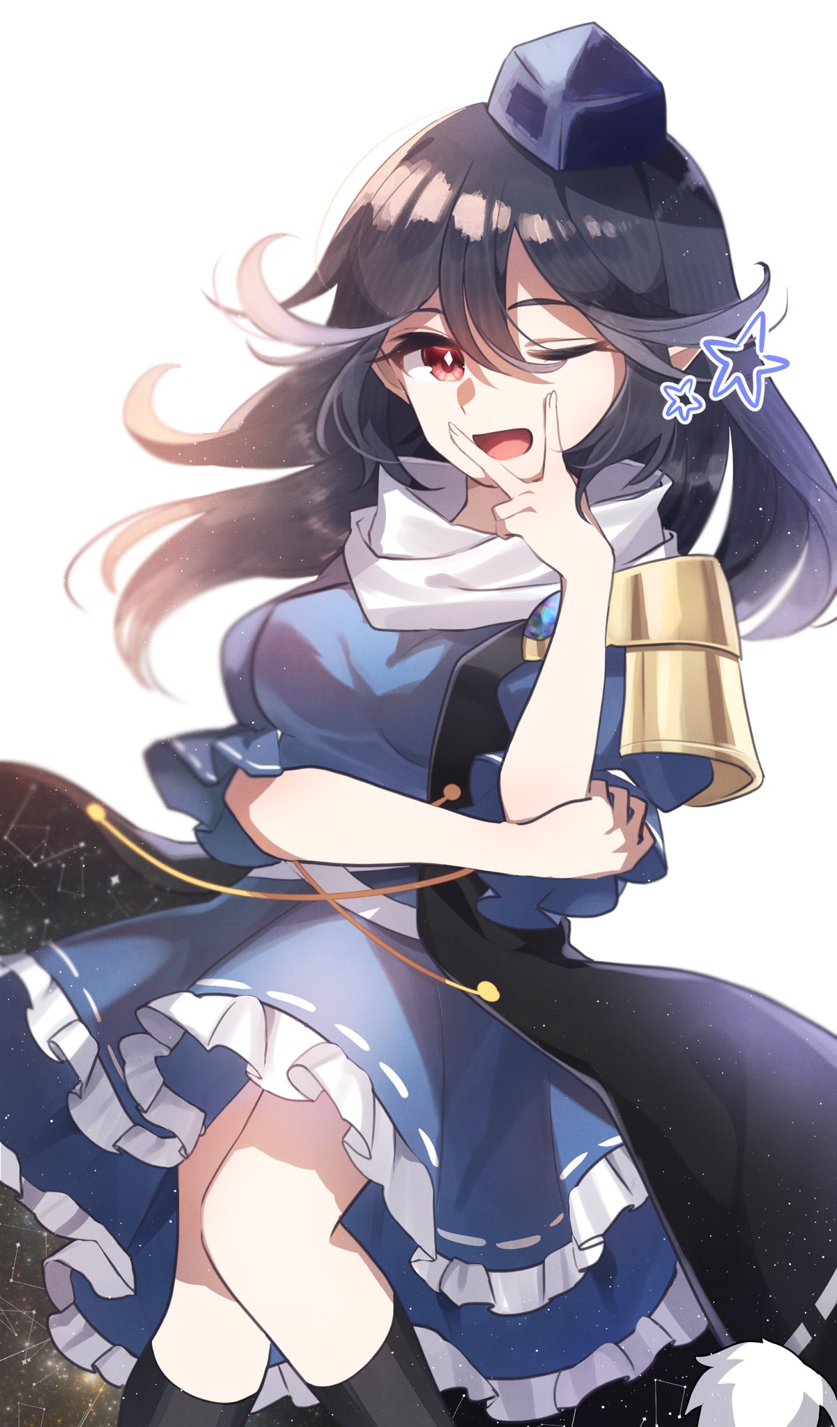 1girl ;d ametama_(runarunaruta5656) bangs black_coat black_hair blue_dress blue_headwear bright_pupils coat dress eyebrows_visible_through_hair highres iizunamaru_megumu looking_at_viewer medium_hair one_eye_closed red_eyes ribbon-trimmed_dress shoulder_guard simple_background smile solo touhou v white_background white_pupils