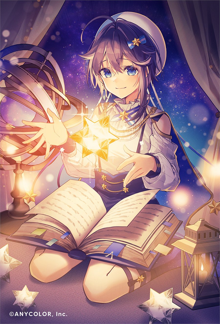1girl ahoge bangs bare_shoulders blue_eyes blue_legwear blue_skirt blurry bokeh book buttons cape closed_mouth clothing_cutout commentary crossed_bangs depth_of_field eyebrows_visible_through_hair frills glowing gold_trim hair_between_eyes hair_ornament hands_up high-waist_skirt highres knees lantern light light_particles nijisanji no_shoes open_book oshio_(dayo) shirt shoulder_cutout skirt smile sock_garters socks solo sorahoshi_kirame sparkle star_(symbol) stellated_octahedron suspender_skirt suspenders white_headwear white_shirt