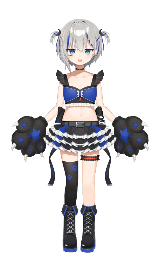 1girl :d animal_ears animal_hands asymmetrical_legwear back_bow belt belt_buckle black_belt black_bow black_choker black_footwear black_gloves black_legwear black_skirt blue_eyes blue_hair blue_skirt boots bow braid breasts buckle choker clothing_request collarbone commentary_request cross-laced_footwear eyebrows_visible_through_hair fang fang_out frilled_skirt frills full_body gloves hair_between_eyes heart_stickers hood lace-up_boots layered_skirt midriff multicolored_clothes multicolored_hair multicolored_skirt navel o-ring o-ring_choker official_alternate_costume official_art open_belt paw_gloves paw_print pleated_skirt rurine_luna short_hair silver_hair simple_background single_braid single_thighhigh skirt small_breasts smile star_sticker sticker_on_face stomach streaked_hair thigh-highs toma_(norishio) torn_bow two_side_up virtual_youtuber wactor_production white_background wolf_ears wolf_hood zettai_ryouiki