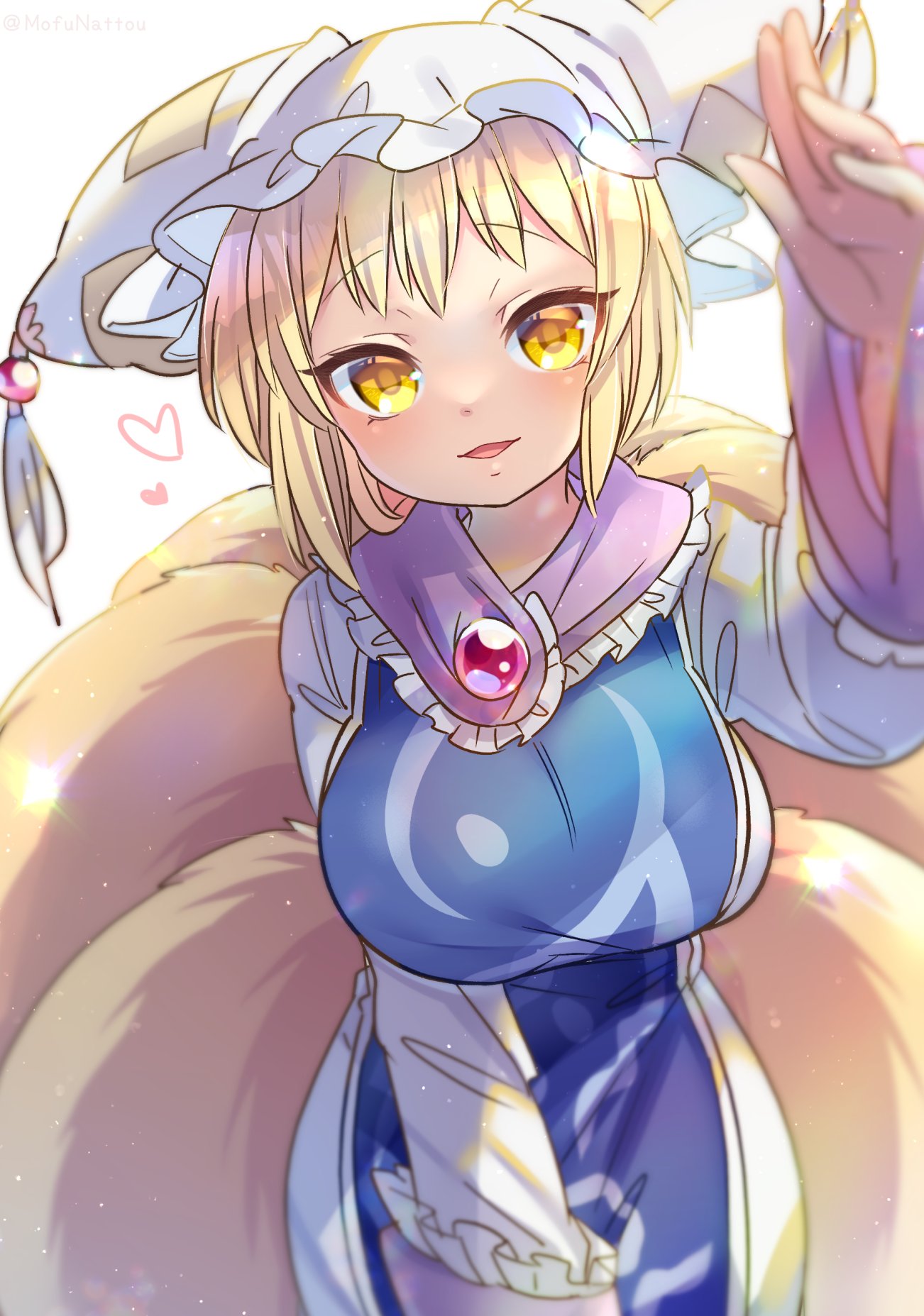1girl arm_up bangs blonde_hair blurry blush breasts depth_of_field dress eyebrows_visible_through_hair fox_tail frills hat heart highres ibaraki_natou large_breasts light_smile long_sleeves looking_at_viewer multiple_tails open_mouth pillow_hat short_hair solo tabard tail touhou white_dress wide_sleeves yakumo_ran yellow_eyes