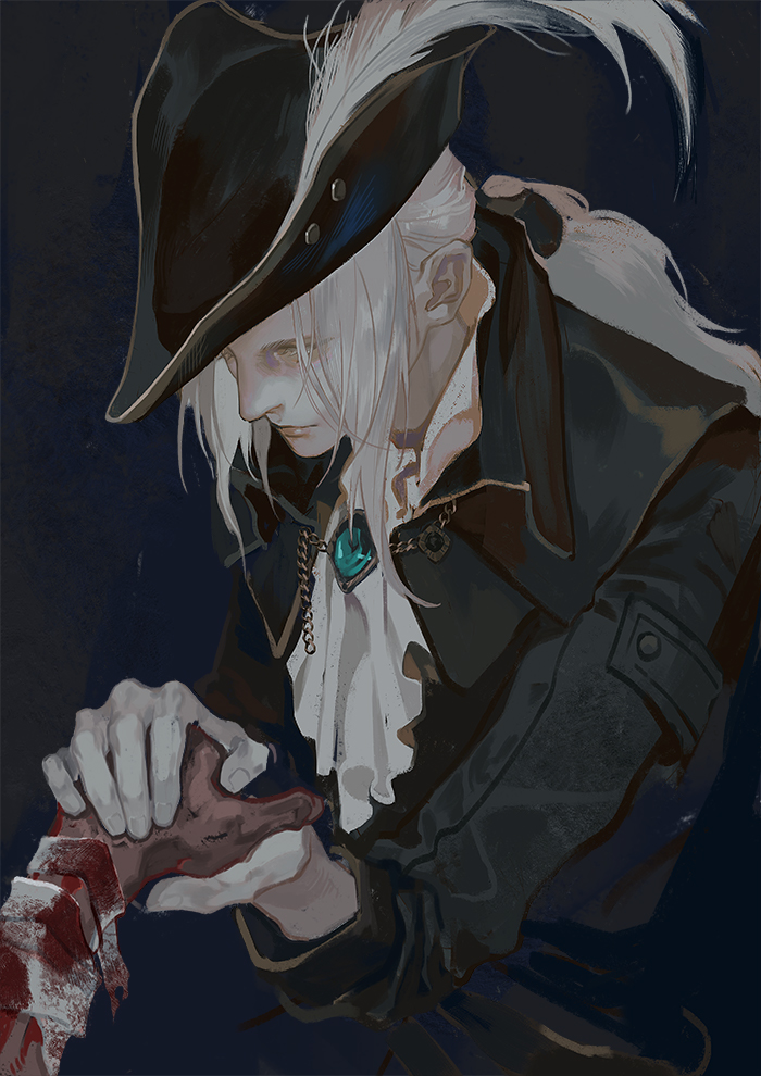 1girl agong ascot blood bloodborne cape closed_mouth coat gem gloves hat hat_feather holding lady_maria_of_the_astral_clocktower long_hair ponytail simple_background solo the_old_hunters tricorne white_hair